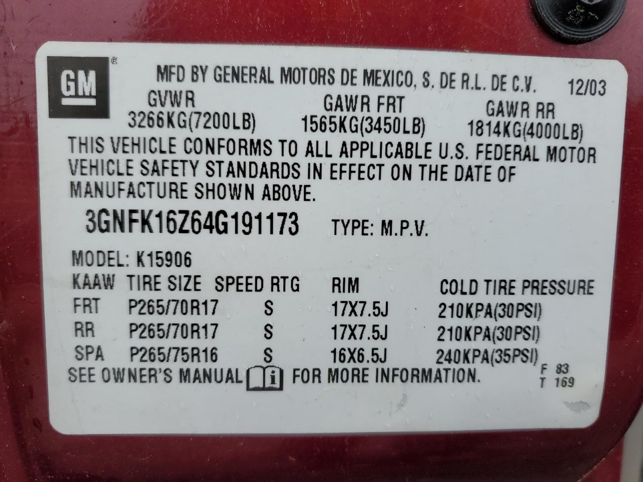 2004 Chevrolet Suburban K1500 VIN: 3GNFK16Z64G191173 Lot: 57981385