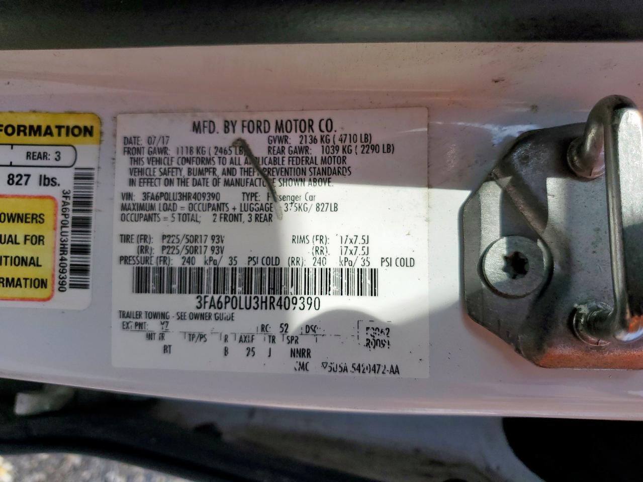2017 Ford Fusion Se Hybrid VIN: 3FA6P0LU3HR409390 Lot: 54034965