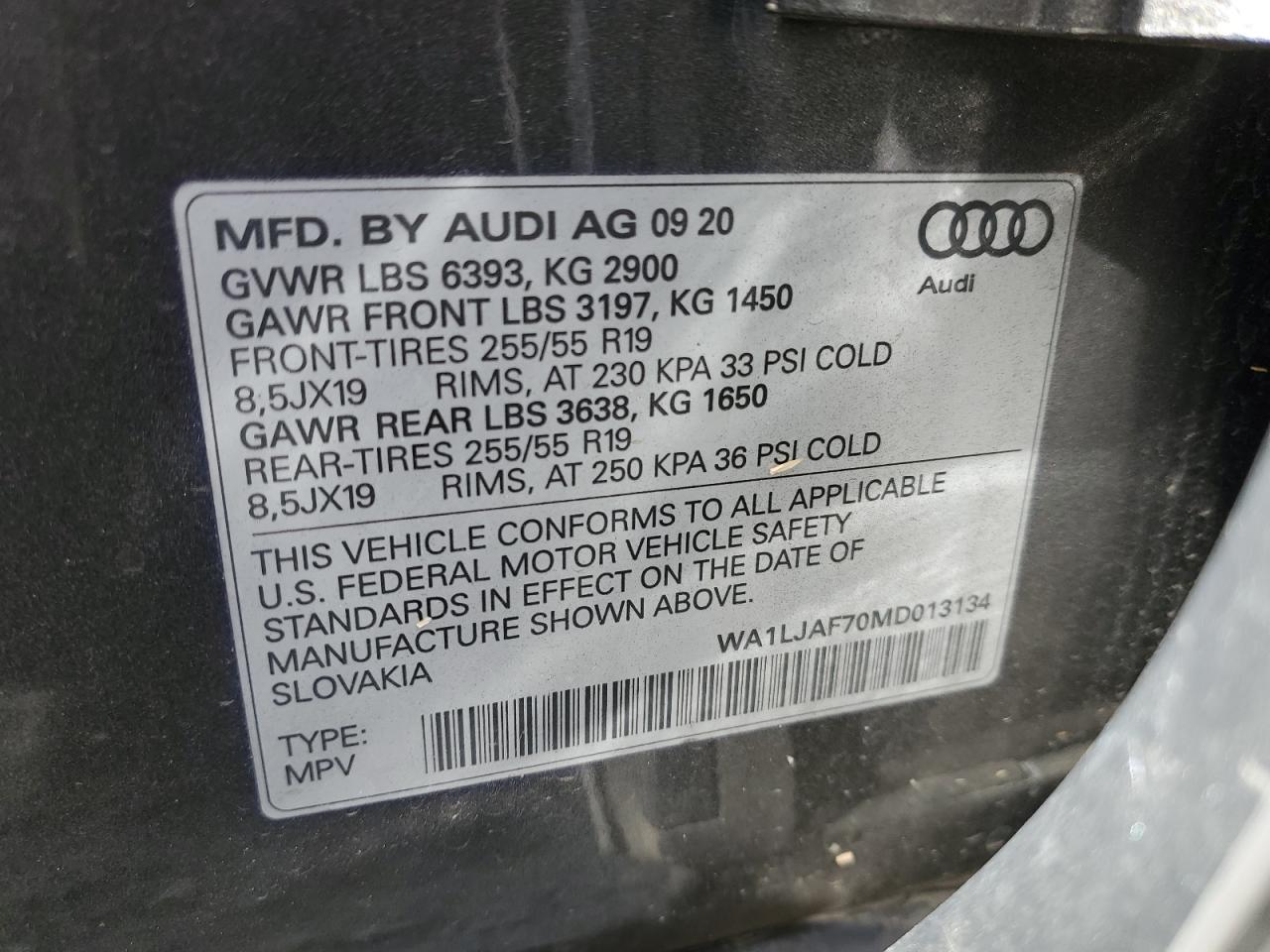 2021 Audi Q7 Premium Plus VIN: WA1LJAF70MD013134 Lot: 56792195