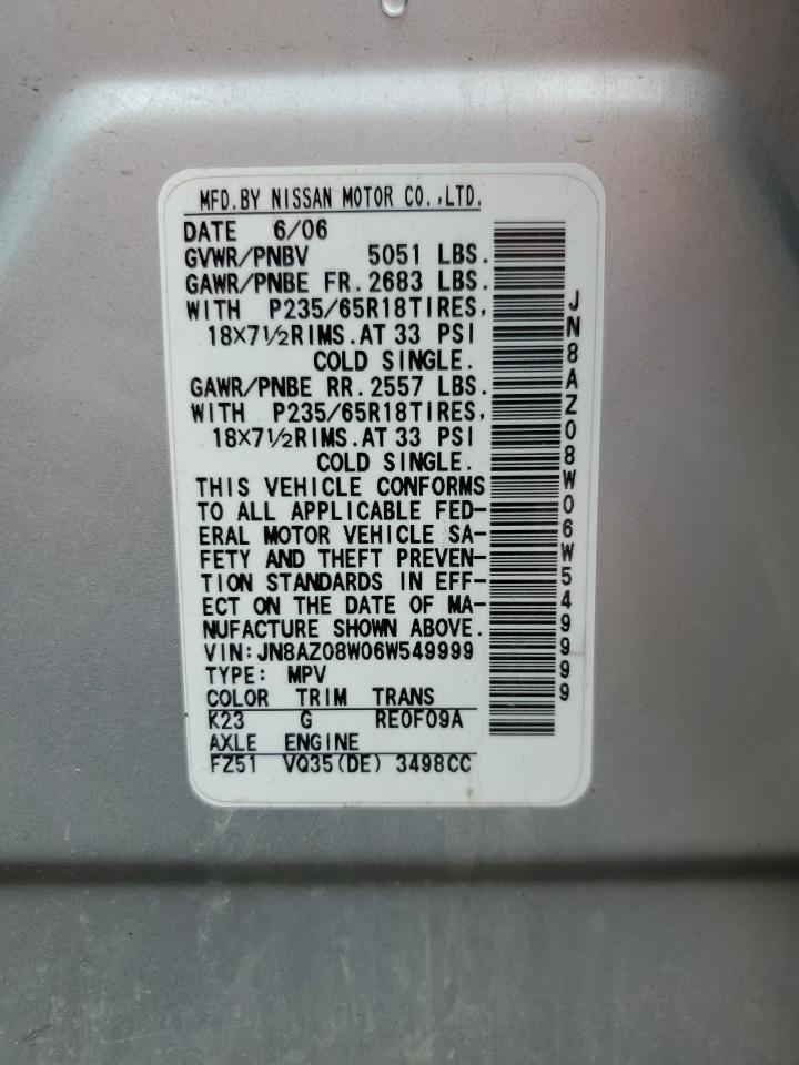 2006 Nissan Murano Sl VIN: JN8AZ08W06W549999 Lot: 55977965