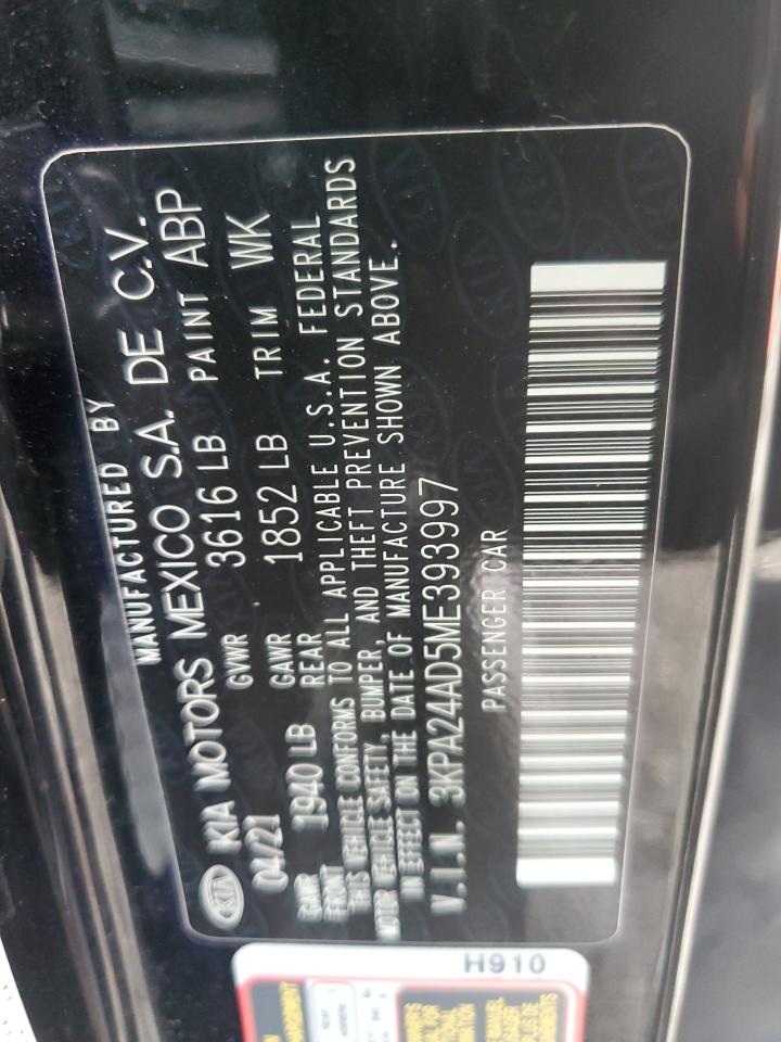 2021 Kia Rio Lx VIN: 3KPA24AD5ME393997 Lot: 56450375