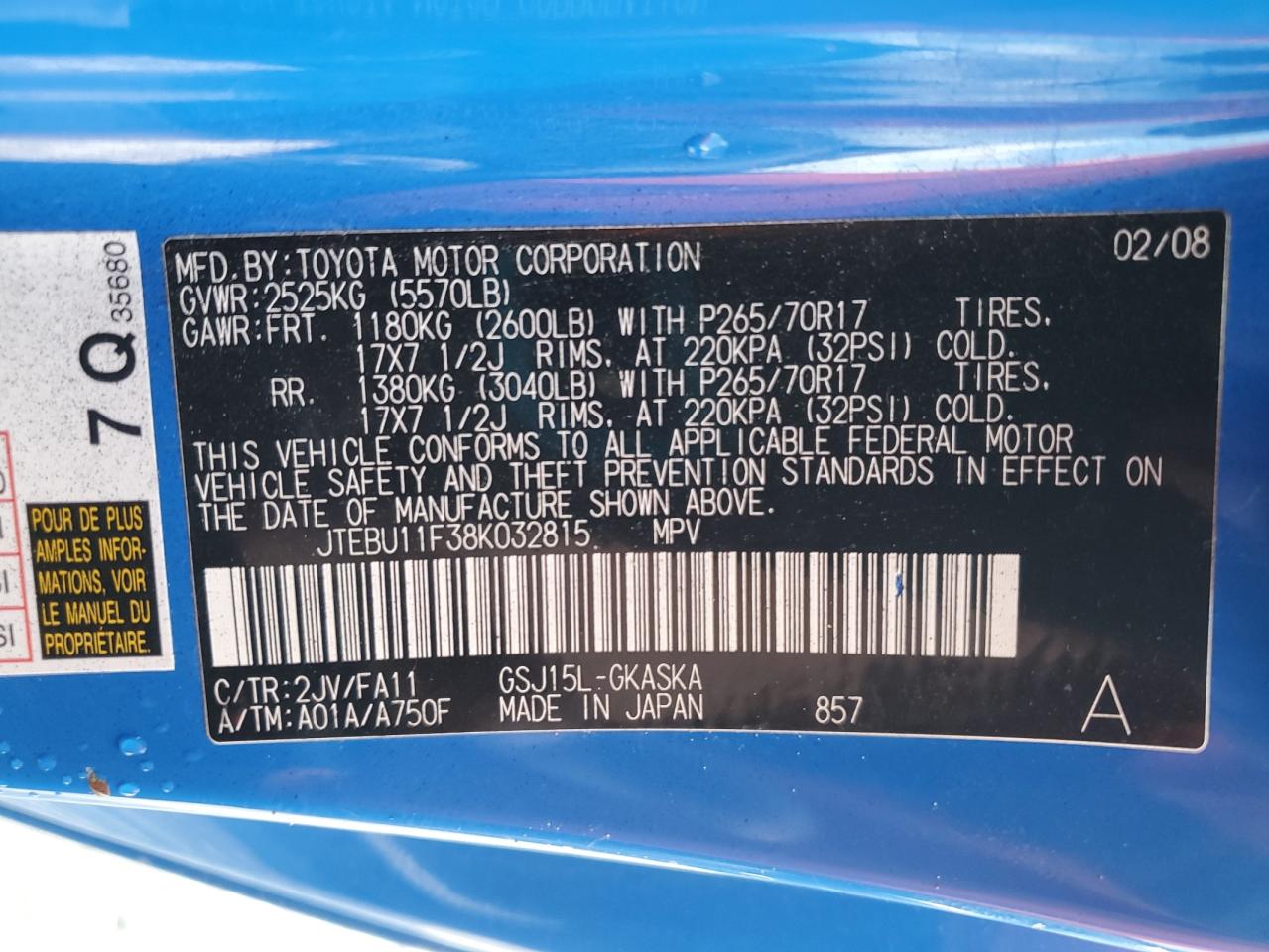 2008 Toyota Fj Cruiser VIN: JTEBU11F38K032815 Lot: 55480315