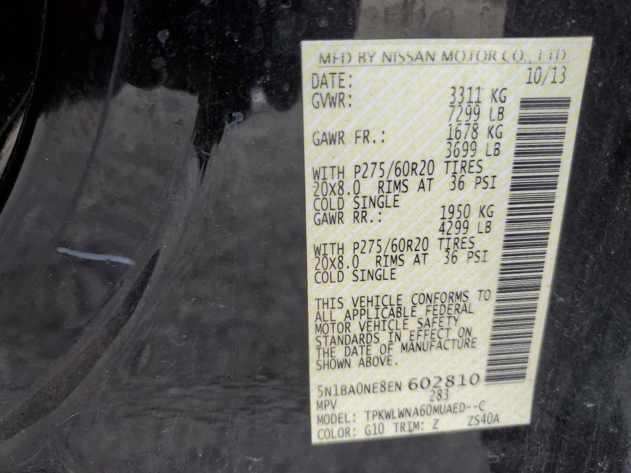 2014 Nissan Armada Platinum VIN: 5N1BA0NE8EN602810 Lot: 56577415
