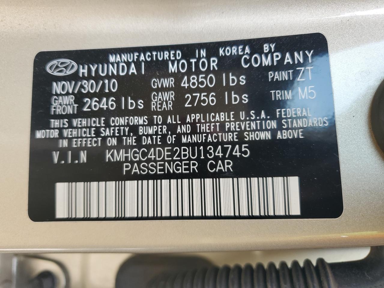 2011 Hyundai Genesis 3.8L VIN: KMHGC4DE2BU134745 Lot: 57042835
