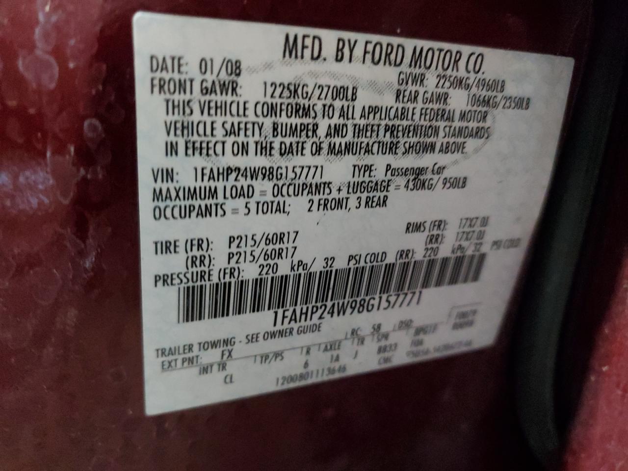 2008 Ford Taurus Sel VIN: 1FAHP24W98G157771 Lot: 54894625
