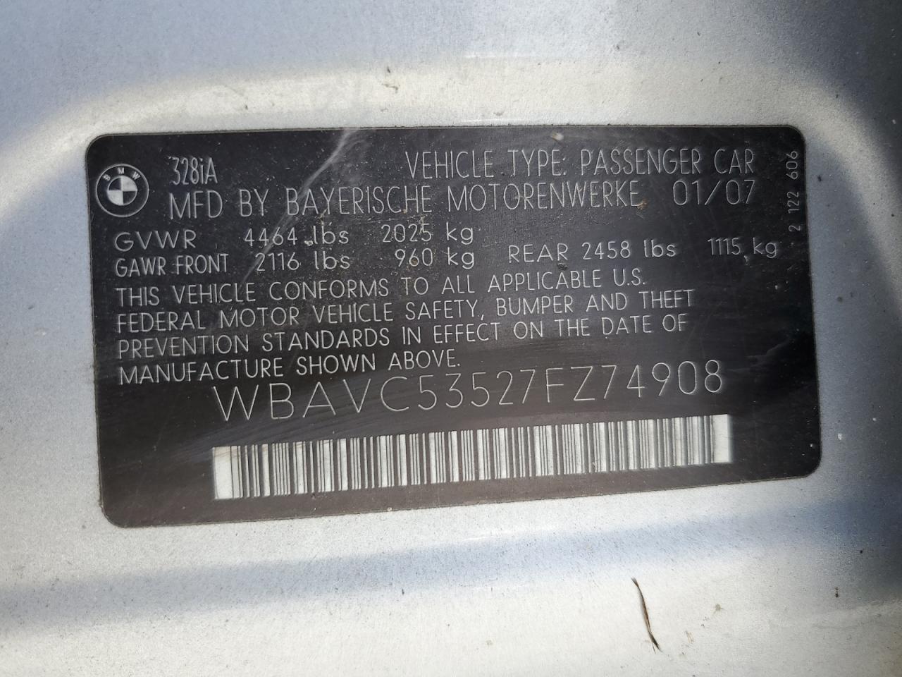2007 BMW 328 I Sulev VIN: WBAVC53527FZ74908 Lot: 56956845