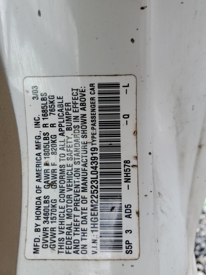 2003 Honda Civic Lx VIN: 1HGEM22523L043919 Lot: 59018545