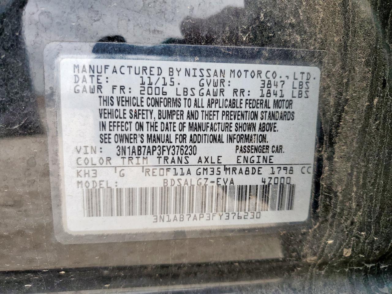2015 Nissan Sentra S VIN: 3N1AB7AP3FY376230 Lot: 56350255
