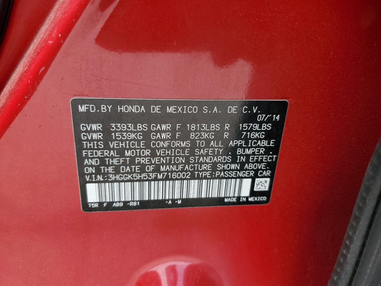 2015 Honda Fit Lx VIN: 3HGGK5H53FM716002 Lot: 57320455