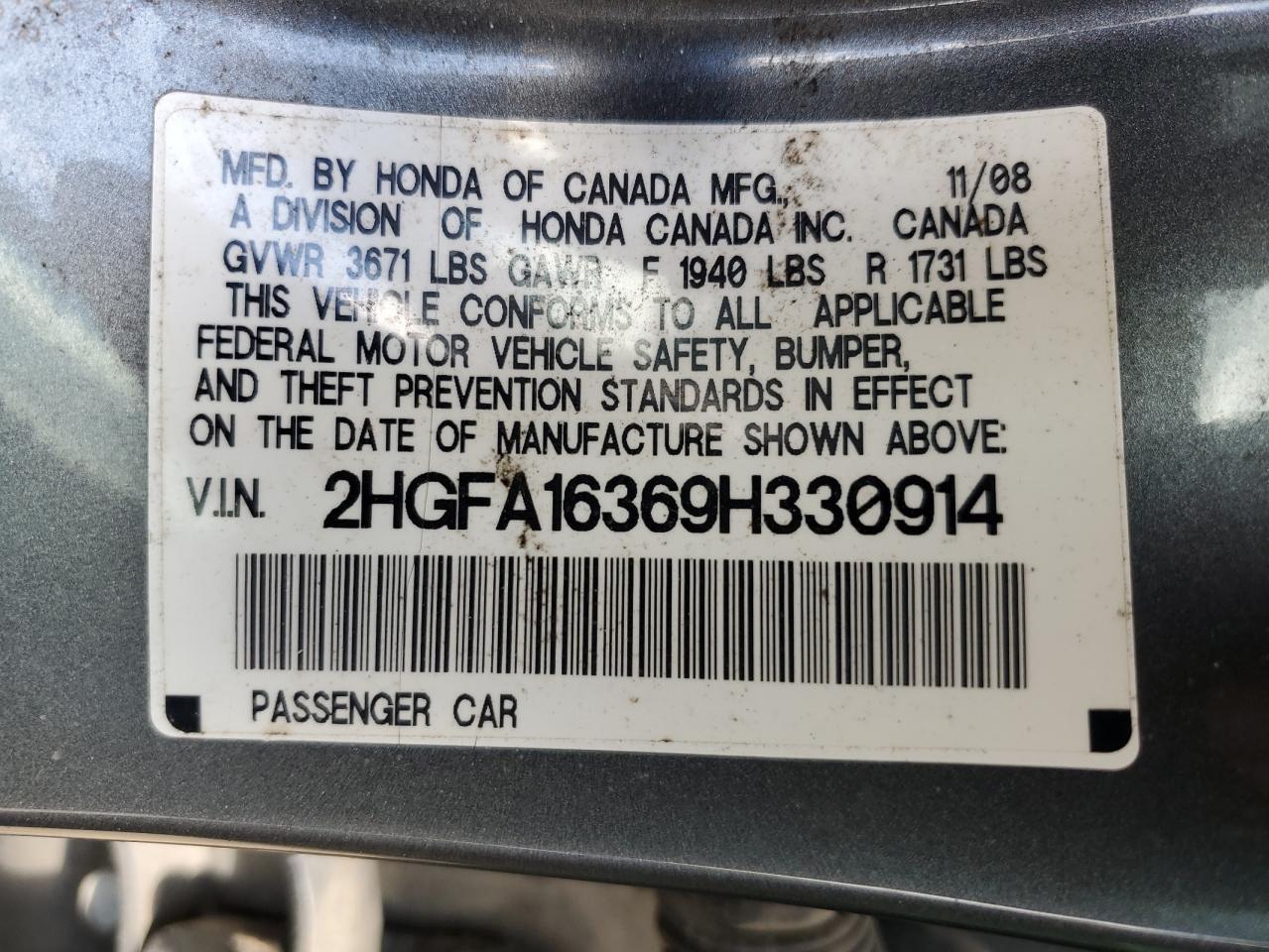 2009 Honda Civic Vp VIN: 2HGFA16369H330914 Lot: 56947605