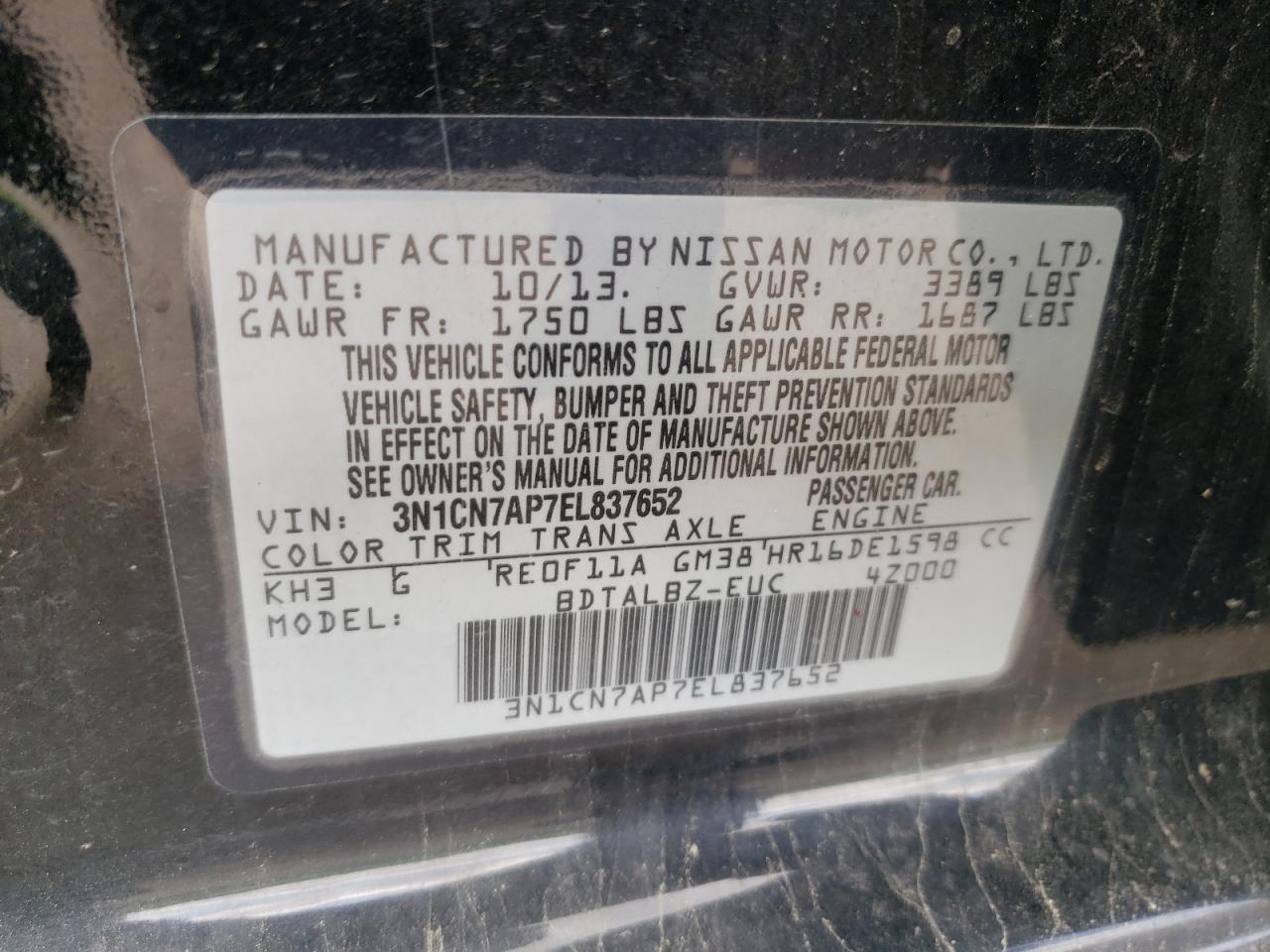 2014 Nissan Versa S VIN: 3N1CN7AP7EL837652 Lot: 56305665