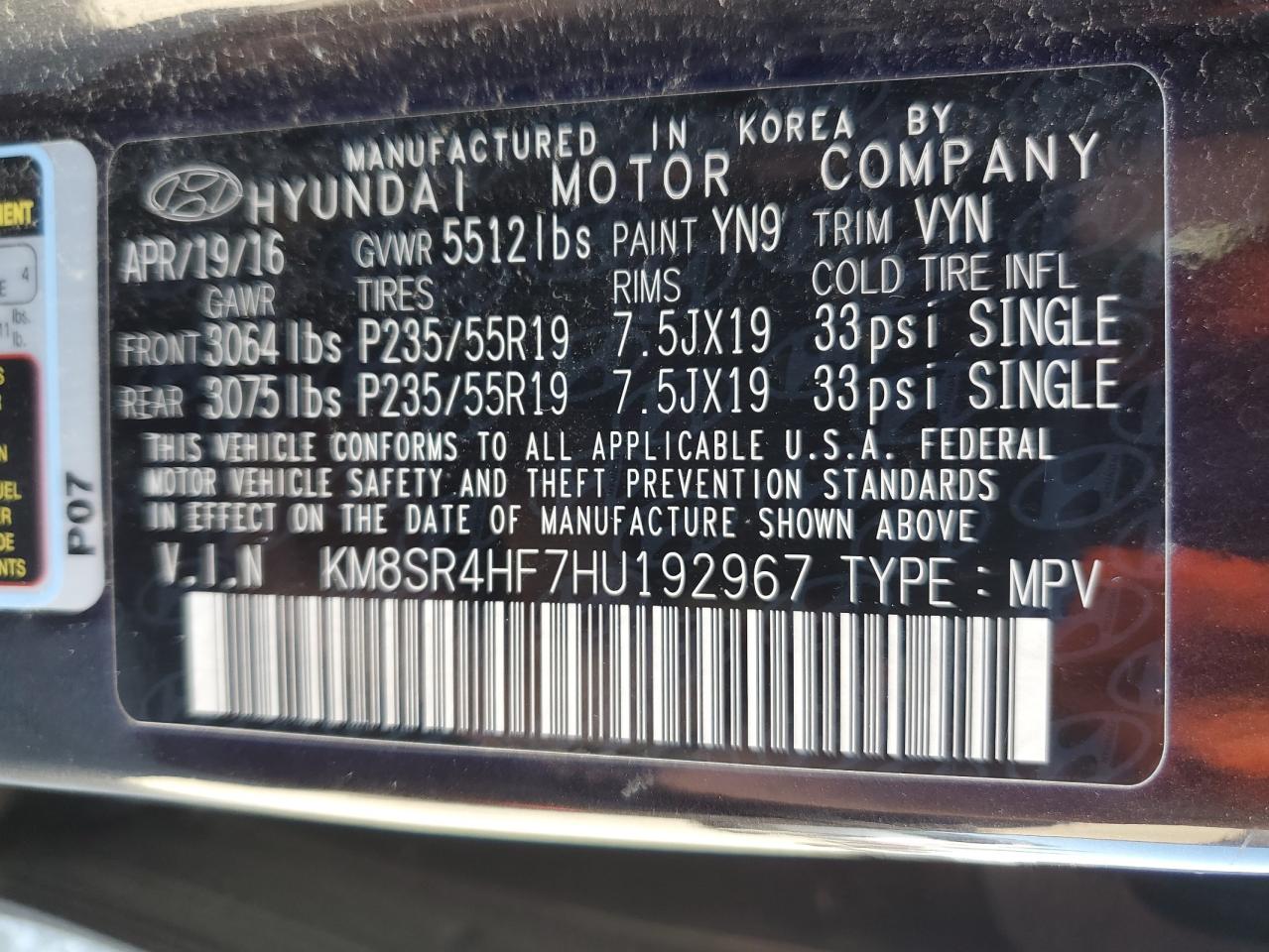 2017 Hyundai Santa Fe Se Ultimate VIN: KM8SR4HF7HU192967 Lot: 55244825