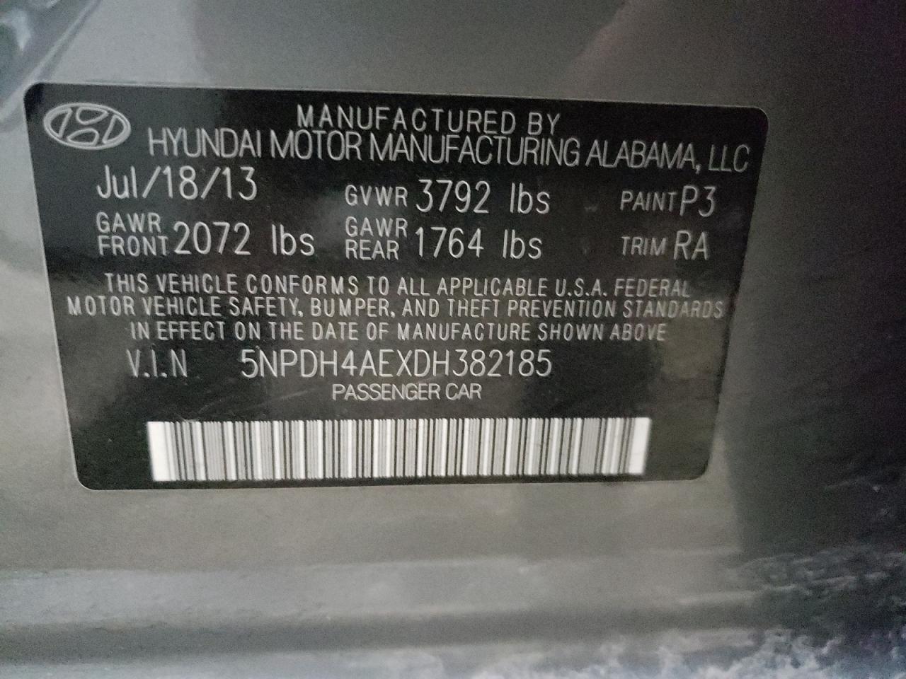 2013 Hyundai Elantra Gls VIN: 5NPDH4AEXDH382185 Lot: 56473015