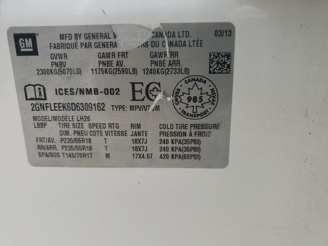 2013 Chevrolet Equinox Lt VIN: 2GNFLEEK6D6309162 Lot: 56924685