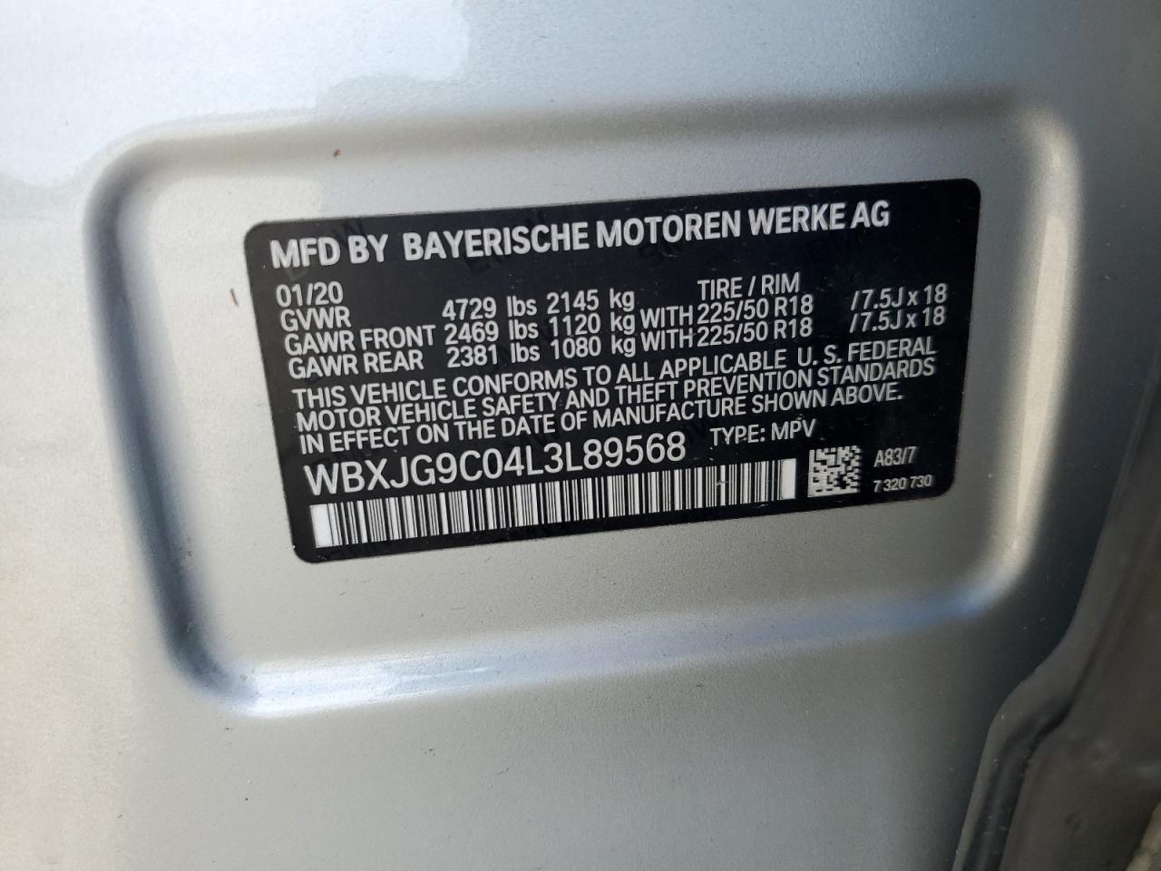 2020 BMW X1 xDrive28I VIN: WBXJG9C04L3L89568 Lot: 56646715