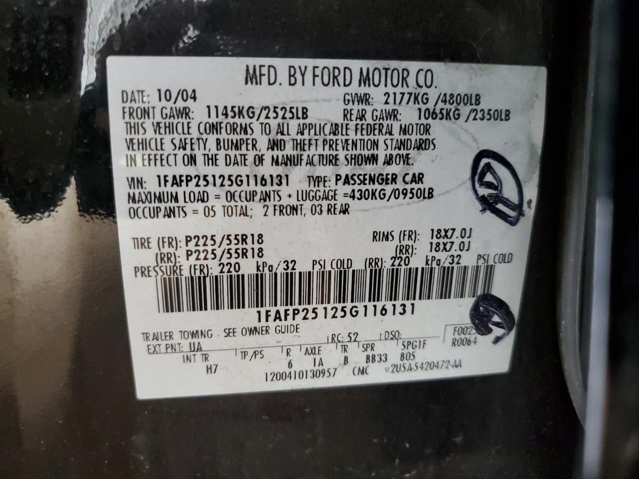2005 Ford Five Hundred Limited VIN: 1FAFP25125G116131 Lot: 56954445
