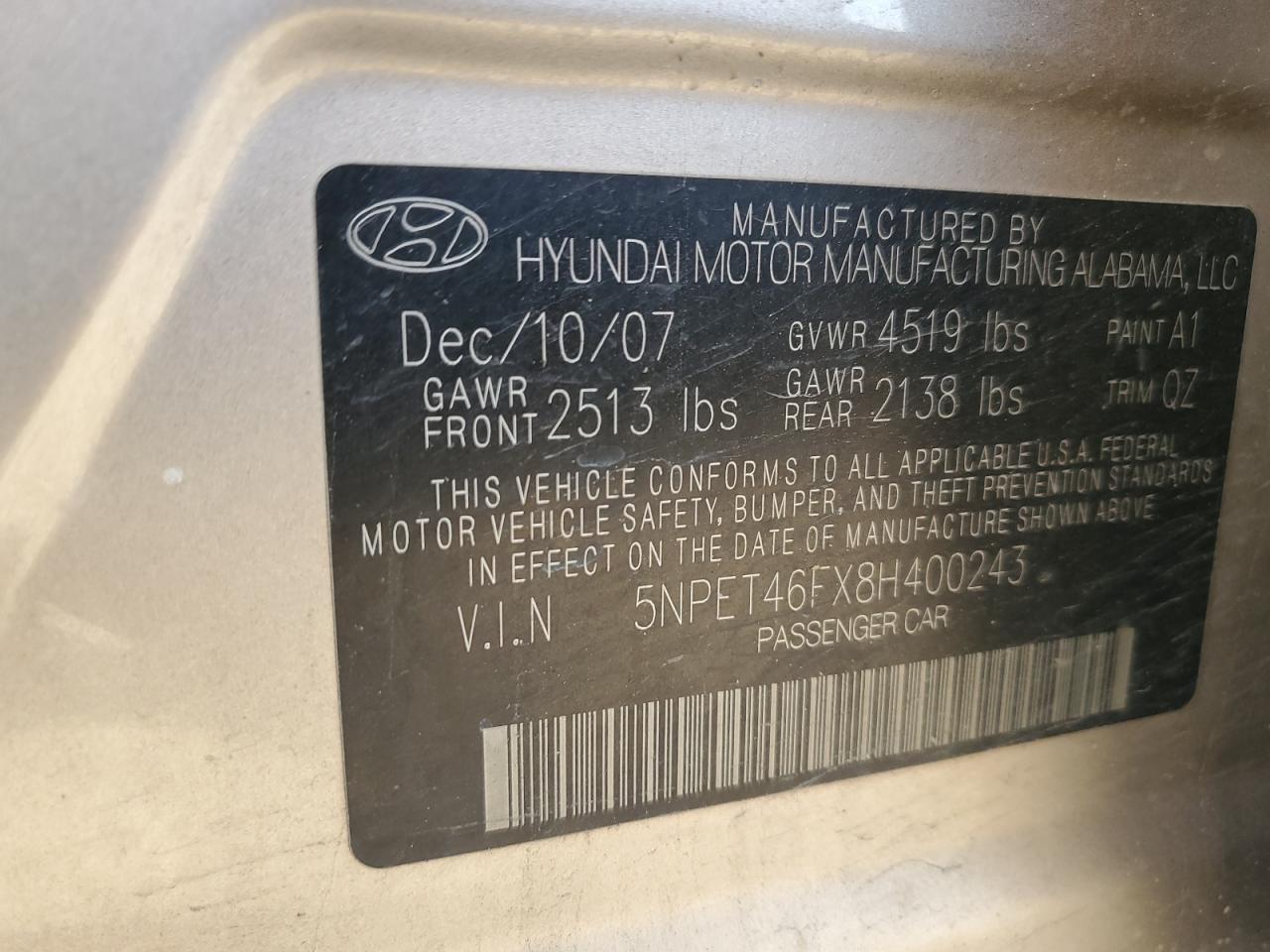 2008 Hyundai Sonata Gls VIN: 5NPET46FX8H400243 Lot: 56892485