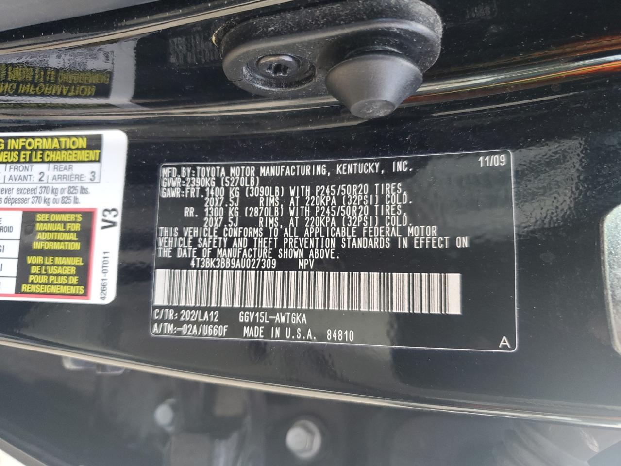 2010 Toyota Venza VIN: 4T3BK3BB9AU027309 Lot: 56933465