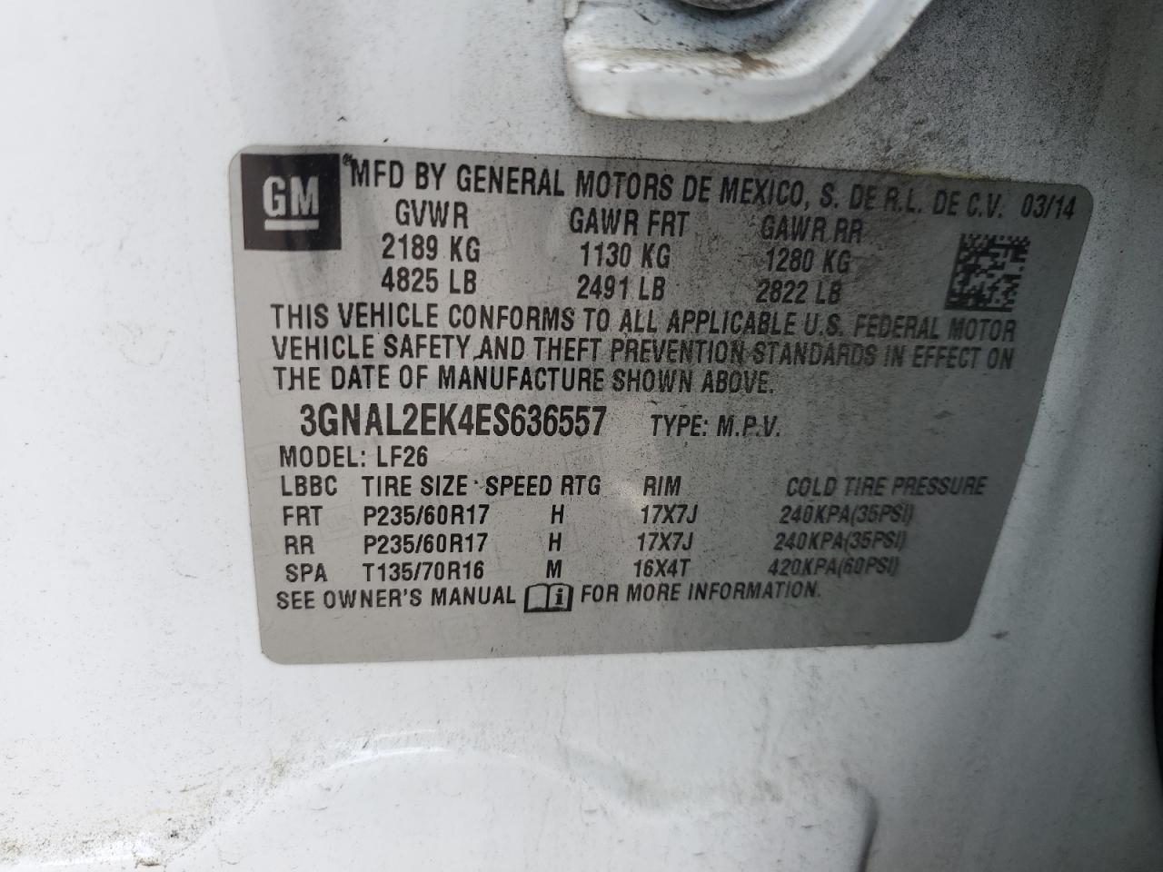 2014 Chevrolet Captiva Ls VIN: 3GNAL2EK4ES636557 Lot: 52981275