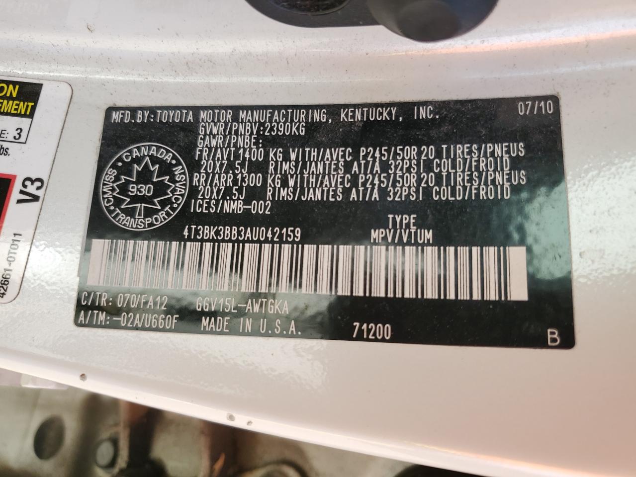 2010 Toyota Venza VIN: 4T3BK3BB3AU042159 Lot: 53430815