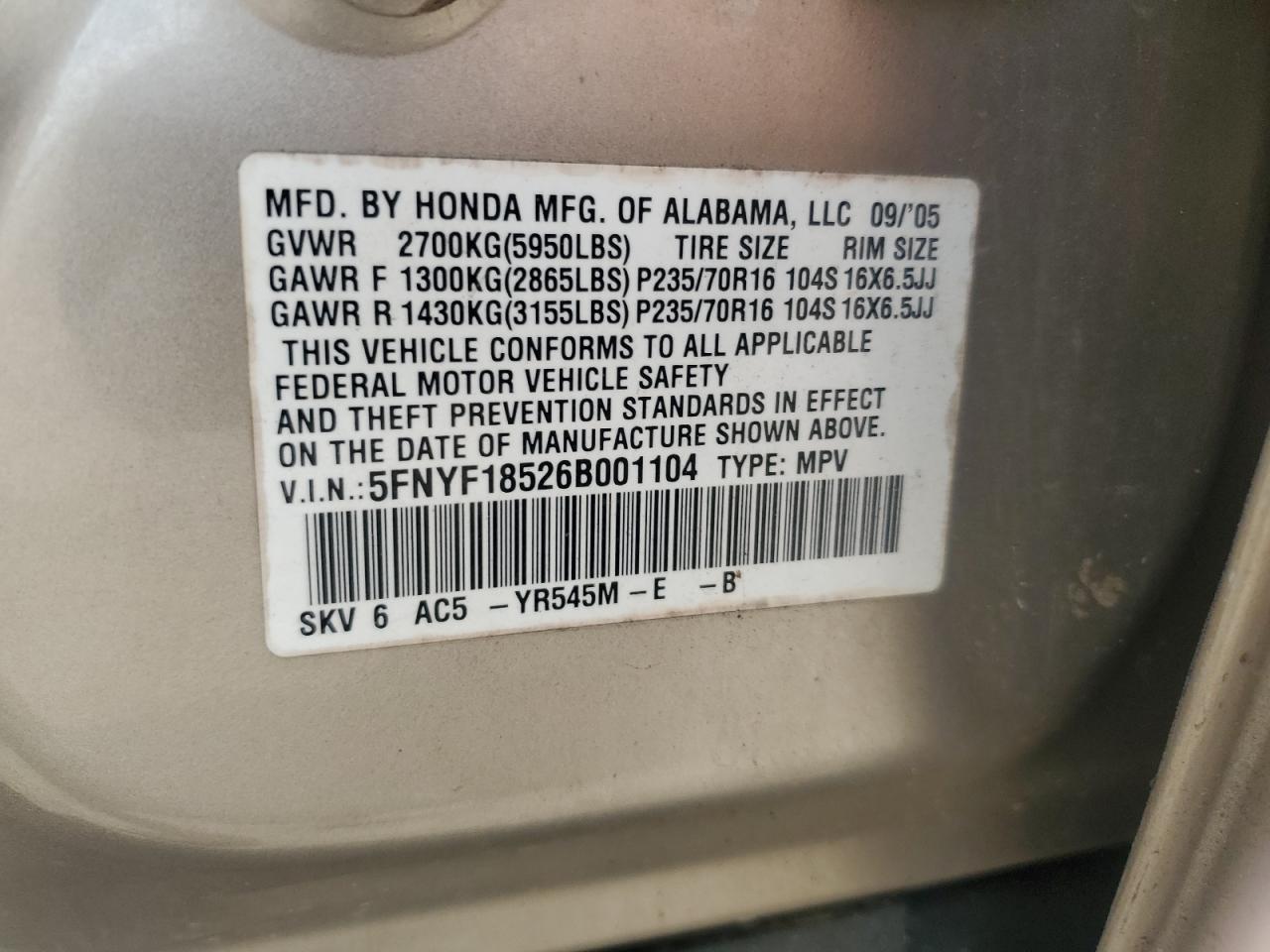 2006 Honda Pilot Ex VIN: 5FNYF18526B001104 Lot: 55836265