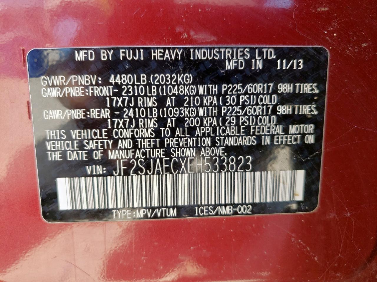 2014 Subaru Forester 2.5I Premium VIN: JF2SJAECXEH533823 Lot: 56499935