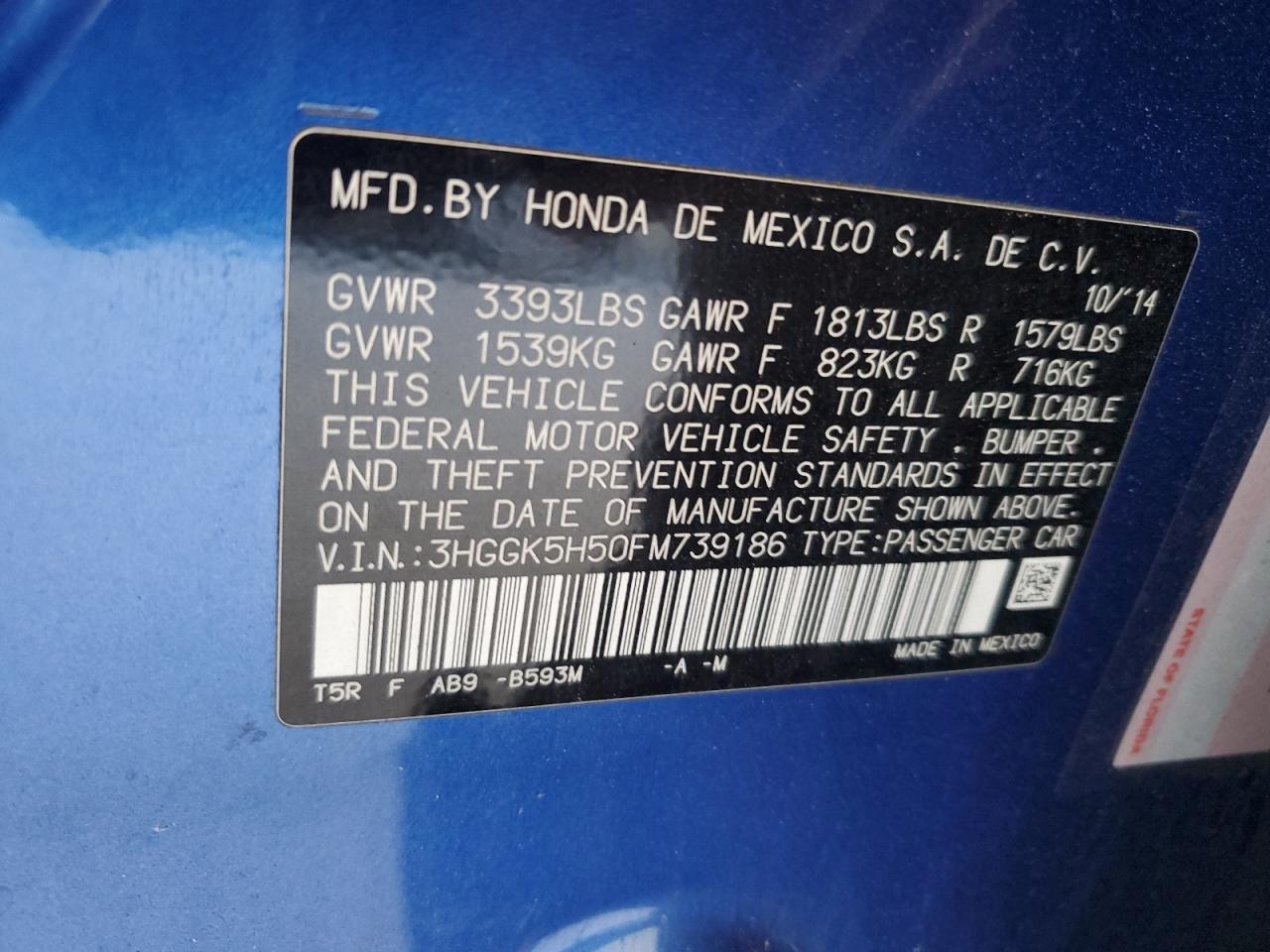 2015 Honda Fit Lx VIN: 3HGGK5H50FM739186 Lot: 57377955
