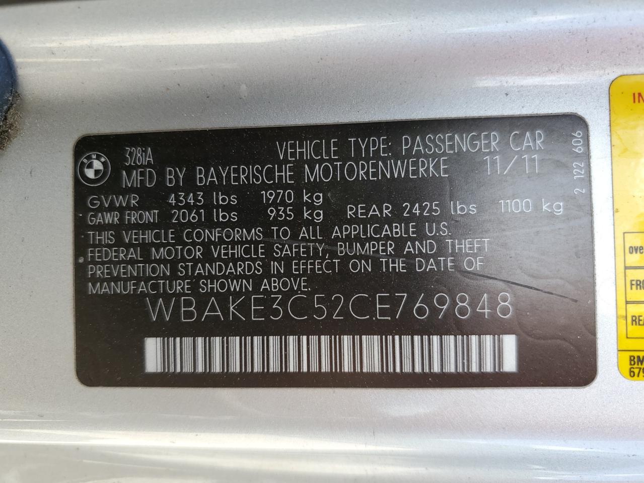2012 BMW 328 I VIN: WBAKE3C52CE769848 Lot: 56094785