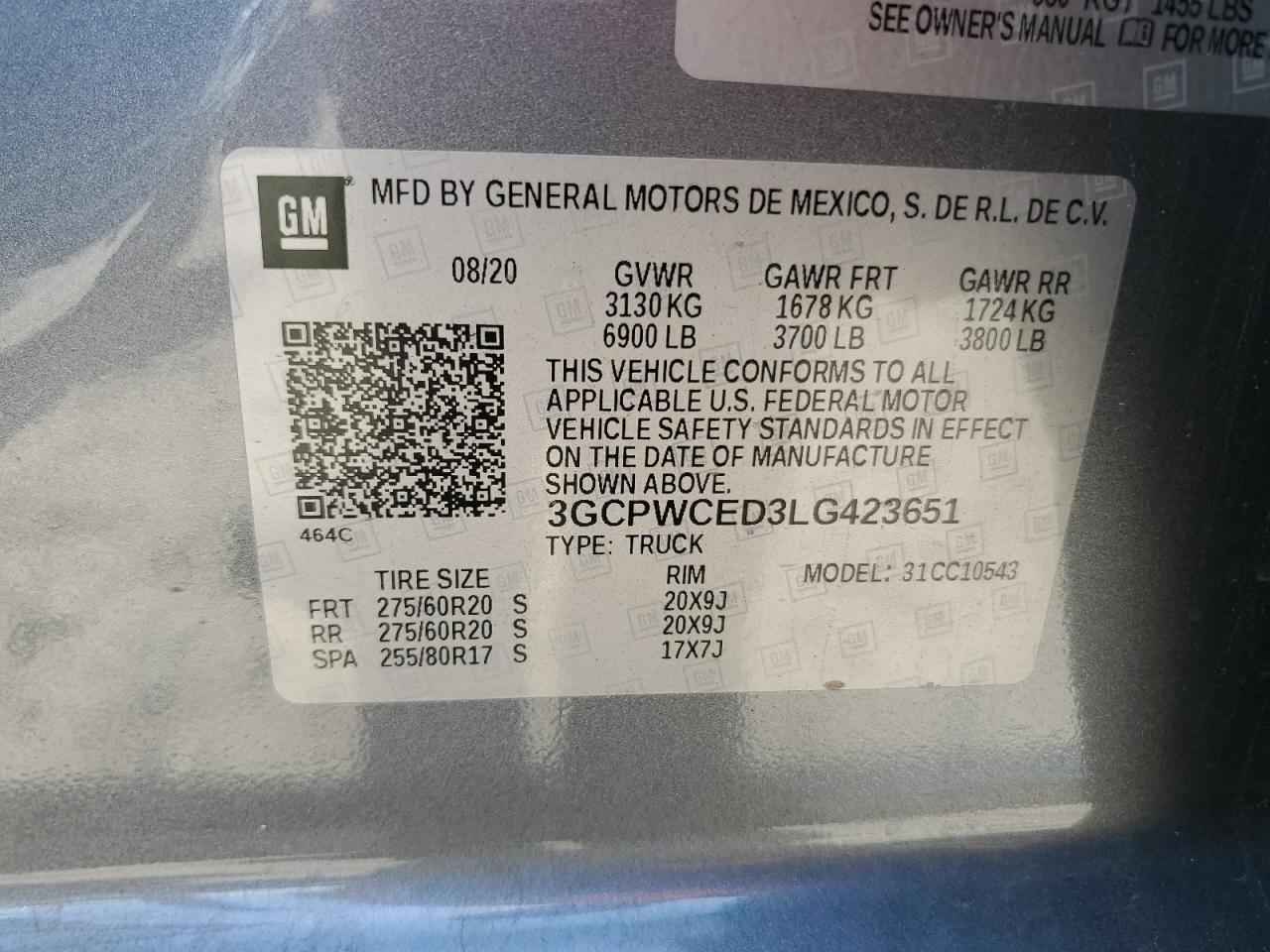 2020 Chevrolet Silverado C1500 Lt VIN: 3GCPWCED3LG423651 Lot: 56826345