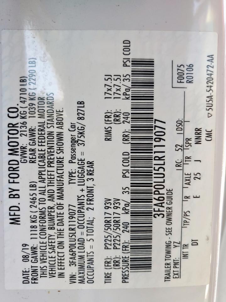 2020 Ford Fusion Se VIN: 3FA6P0LU5LR119077 Lot: 57236725