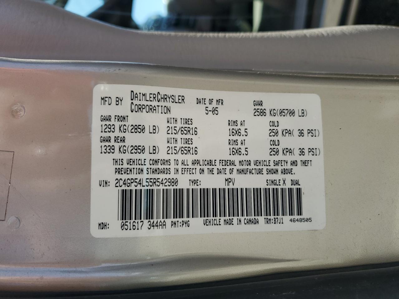 2005 Chrysler Town & Country Touring VIN: 2C4GP54L55R542980 Lot: 56105395