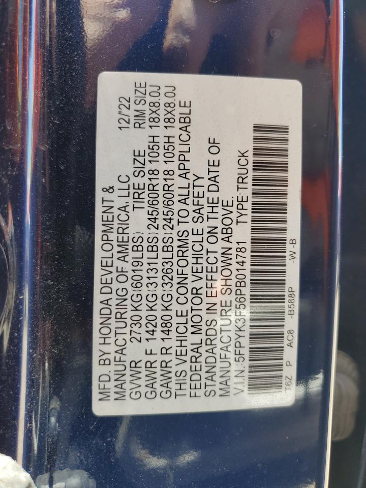 2023 Honda Ridgeline Rtl VIN: 5FPYK3F56PB014781 Lot: 56592475
