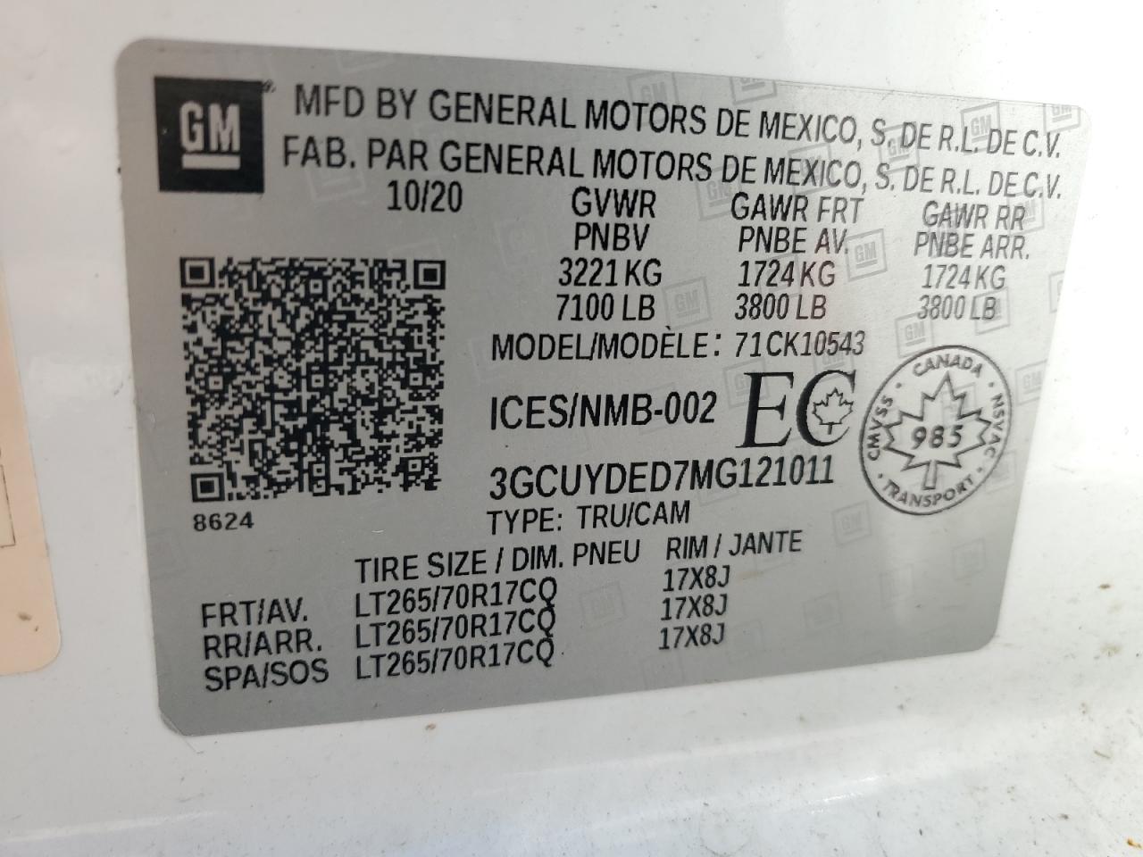 2021 Chevrolet Silverado K1500 Lt VIN: 3GCUYDED7MG121011 Lot: 57147485