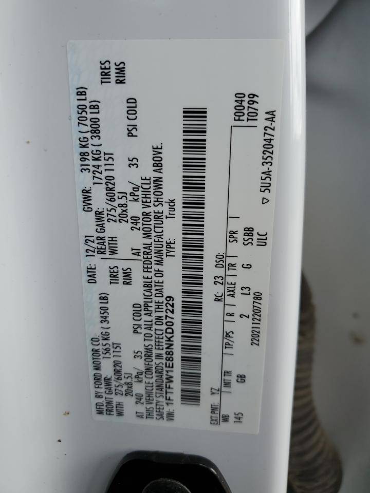 2022 Ford F150 Supercrew VIN: 1FTFW1E88NKD07229 Lot: 57442855