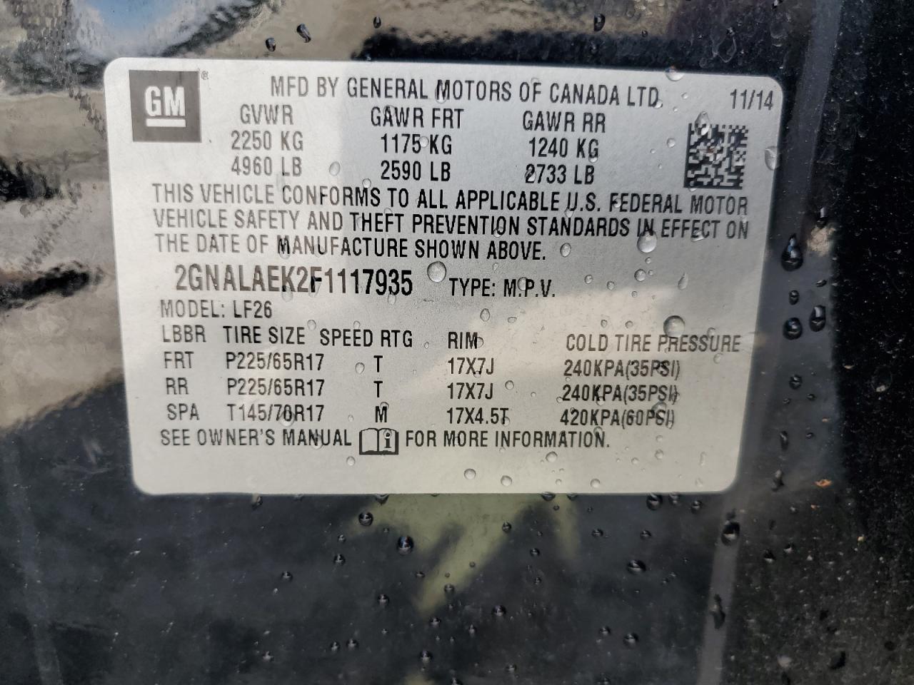 2015 Chevrolet Equinox Ls VIN: 2GNALAEK2F1117935 Lot: 57118455