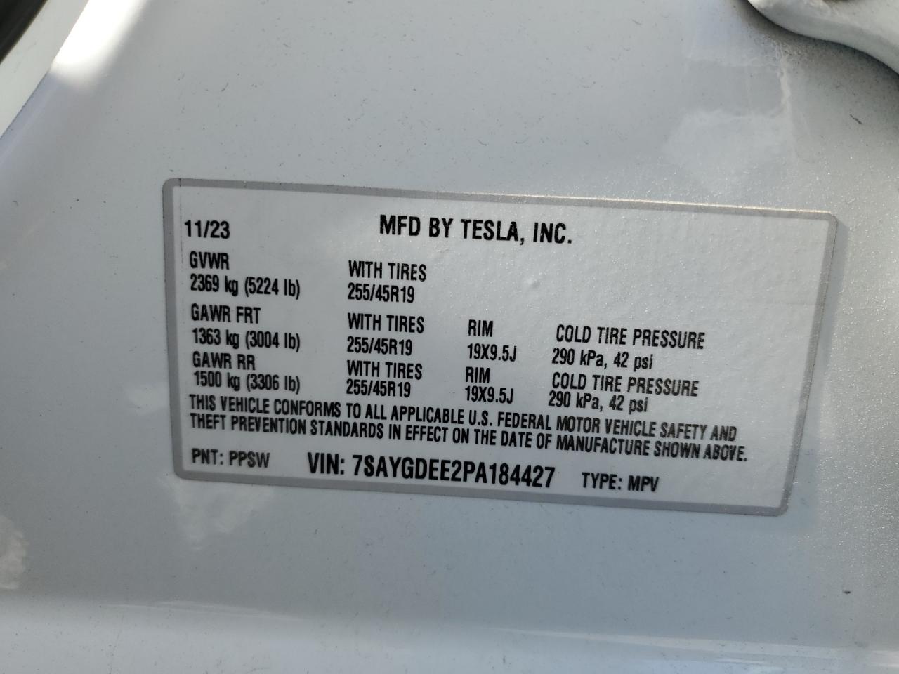 2023 Tesla Model Y VIN: 7SAYGDEE2PA184427 Lot: 57075355