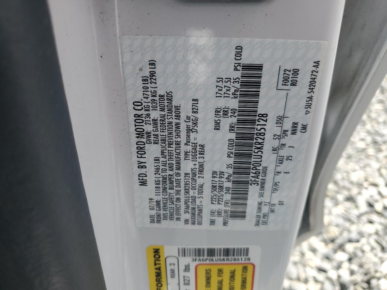 2019 Ford Fusion Se VIN: 3FA6P0LU5KR285128 Lot: 54028515