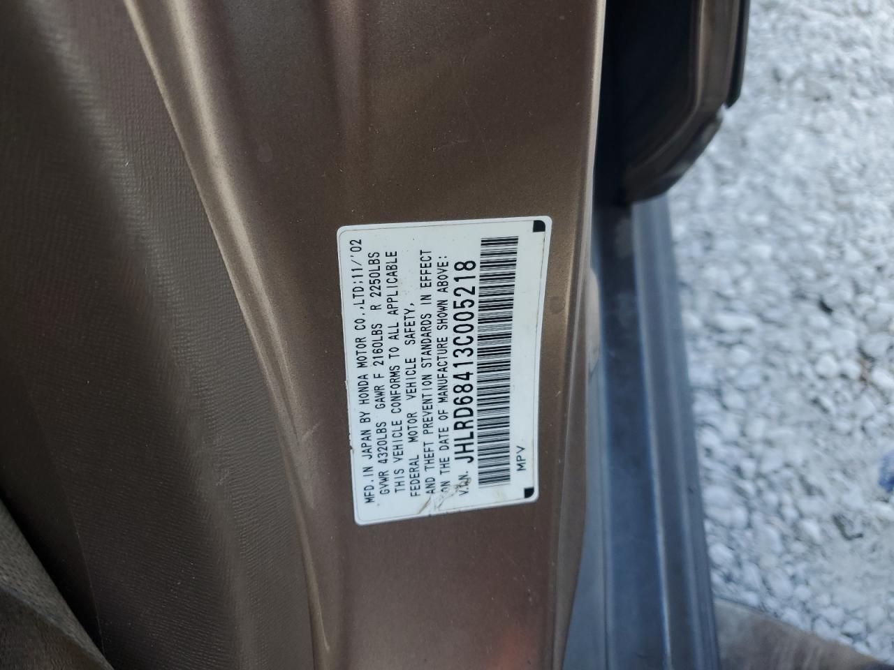 2003 Honda Cr-V Lx VIN: JHLRD68413C005218 Lot: 56750145