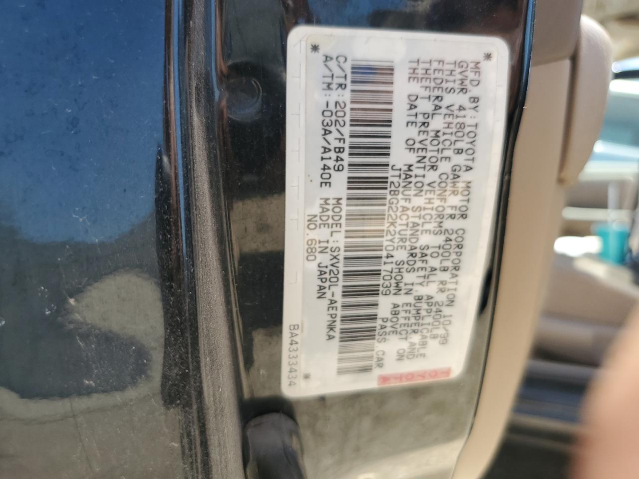 2000 Toyota Camry Ce VIN: JT2BG22K2Y0417039 Lot: 56593115