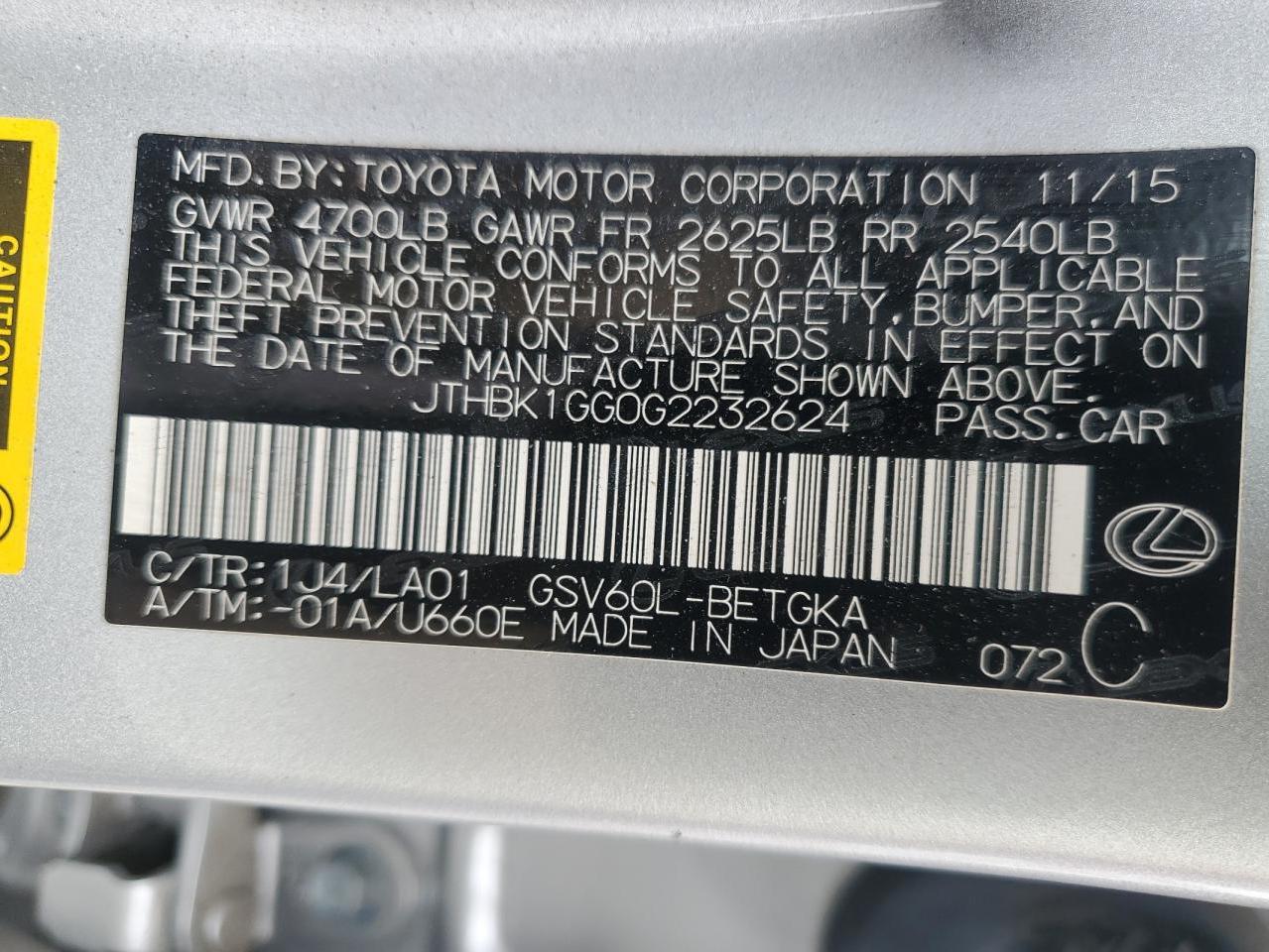 2016 Lexus Es 350 VIN: JTHBK1GG0G2232624 Lot: 55597955