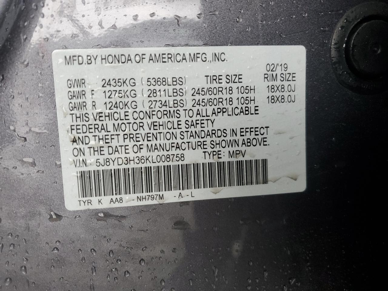 2019 Acura Mdx VIN: 5J8YD3H36KL008758 Lot: 56818095