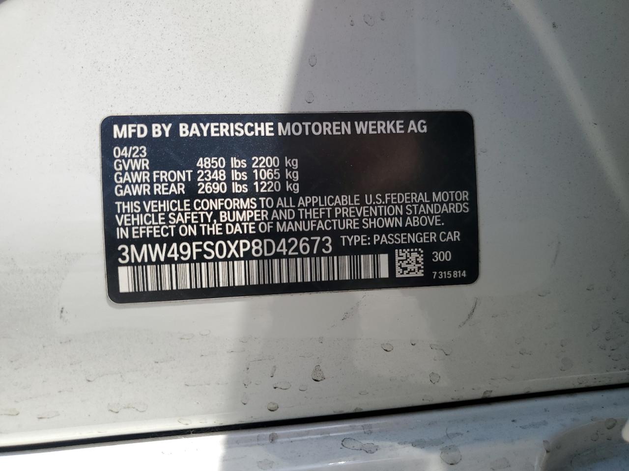 2023 BMW M340I VIN: 3MW49FS0XP8D42673 Lot: 58435625