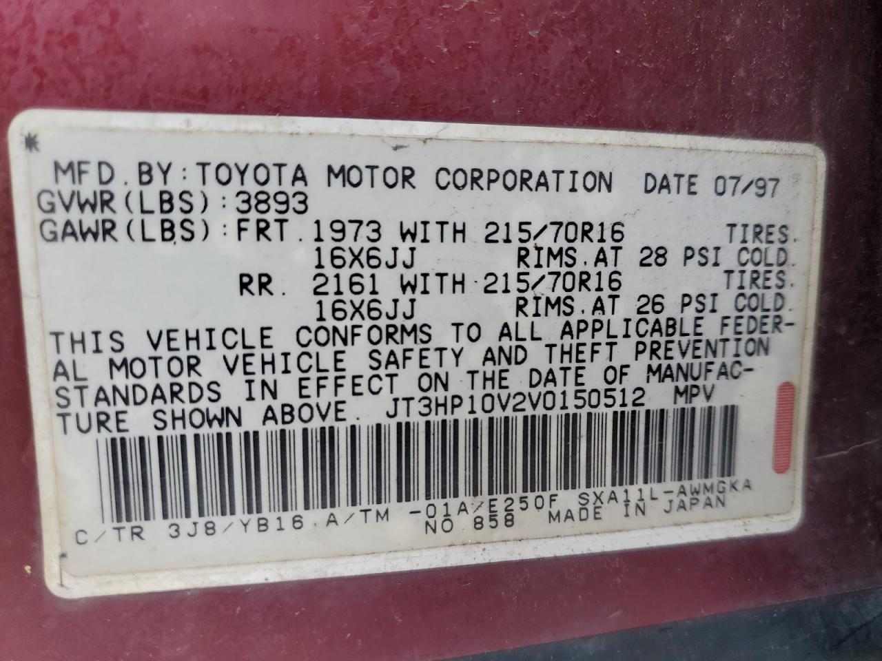 1997 Toyota Rav4 VIN: JT3HP10V2V0150512 Lot: 55903135