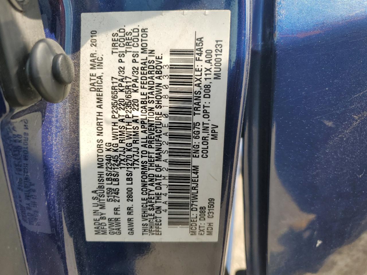 2010 Mitsubishi Endeavor Ls VIN: 4A4JM2AS2AE018033 Lot: 55929015