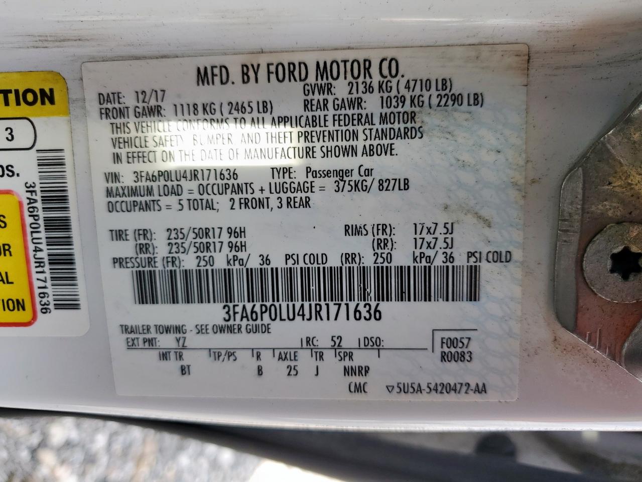 2018 Ford Fusion Se Hybrid VIN: 3FA6P0LU4JR171636 Lot: 54038025