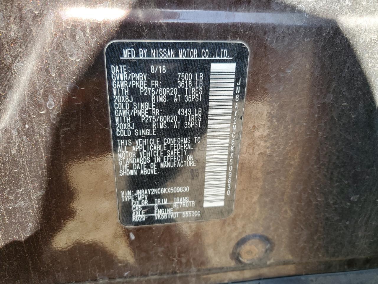 2019 Nissan Armada Sv VIN: JN8AY2NC6KX509830 Lot: 56096465