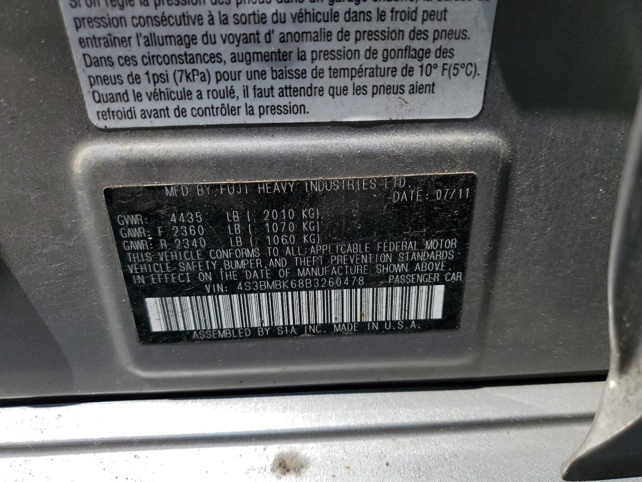 2011 Subaru Legacy 2.5I Limited VIN: 4S3BMBK68B3260478 Lot: 56486125