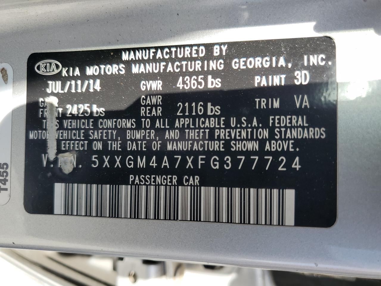 2015 Kia Optima Lx VIN: 5XXGM4A7XFG377724 Lot: 55996455