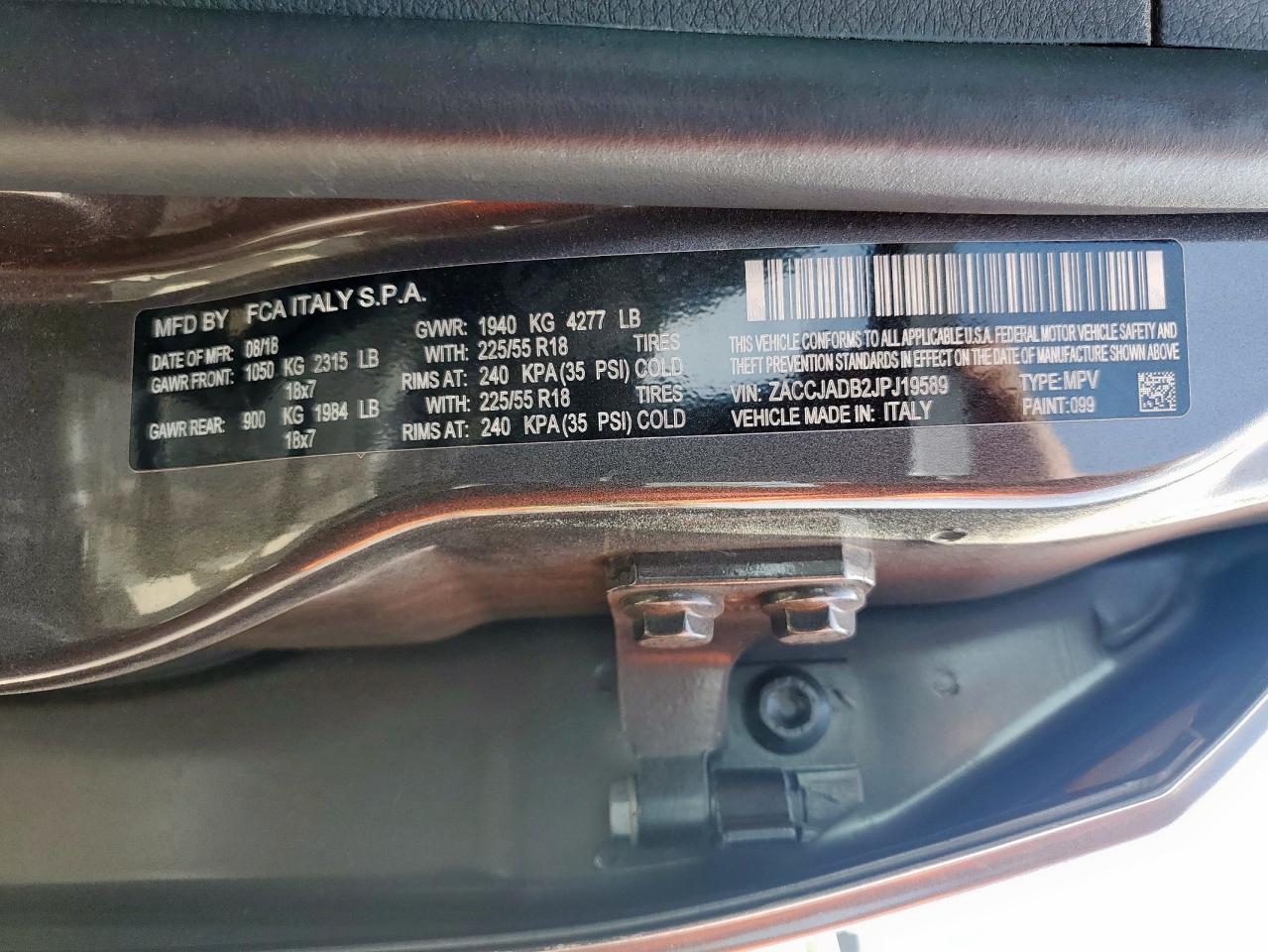 2018 Jeep Renegade Limited VIN: ZACCJADB2JPJ19589 Lot: 57162995