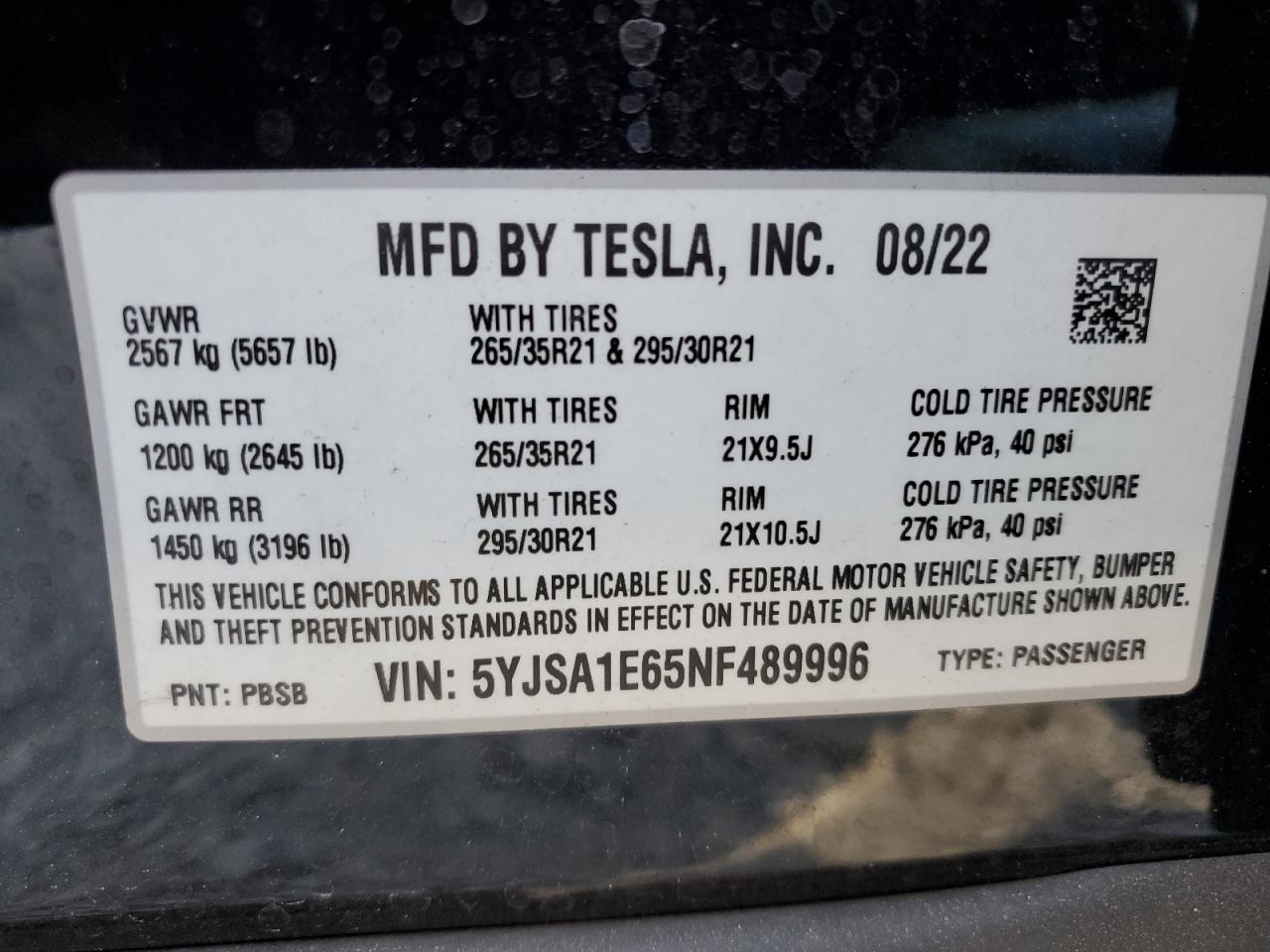 2022 Tesla Model S VIN: 5YJSA1E65NF489996 Lot: 57205325